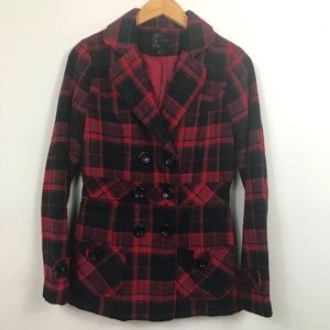Mine Red and Black Black Plaid Trench Coat